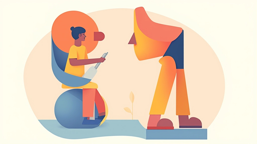 Kunstvolle Illustration einer asymmetrisch angeordneten Szene mit Figuren, geometrischen Formen und farbigen Elementen in ausgewogener Komposition