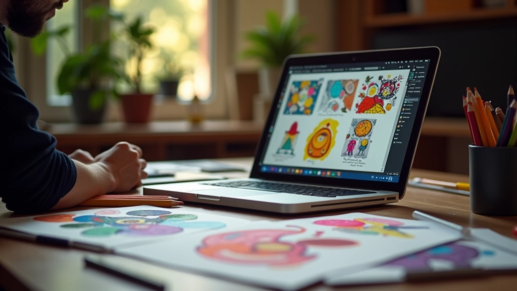 Sammlung verschiedener Illustrationsstile auf Laptop und Papier, zeigt Vielfalt in Grafik-Design