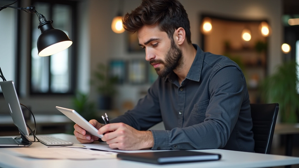 Designer am Arbeitsplatz, der an einer großformatigen digitalen Illustration arbeitet, mit Tablet und Stift