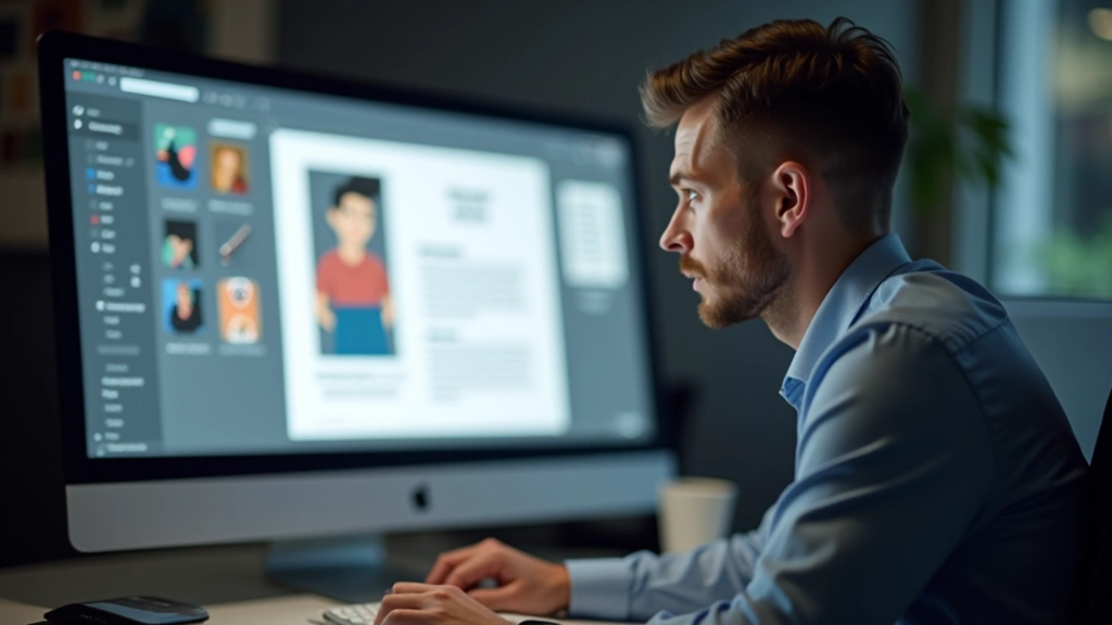 Designer schaut auf mehrere Illustrationen auf dem Bildschirm, vergleicht verschiedene Stile und Konsistenz