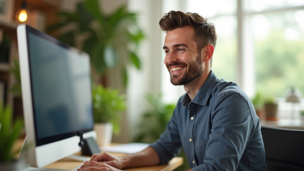 Zufriedener Designer schaut auf seinen Bildschirm mit fertiggestellten Spot-Illustrationen