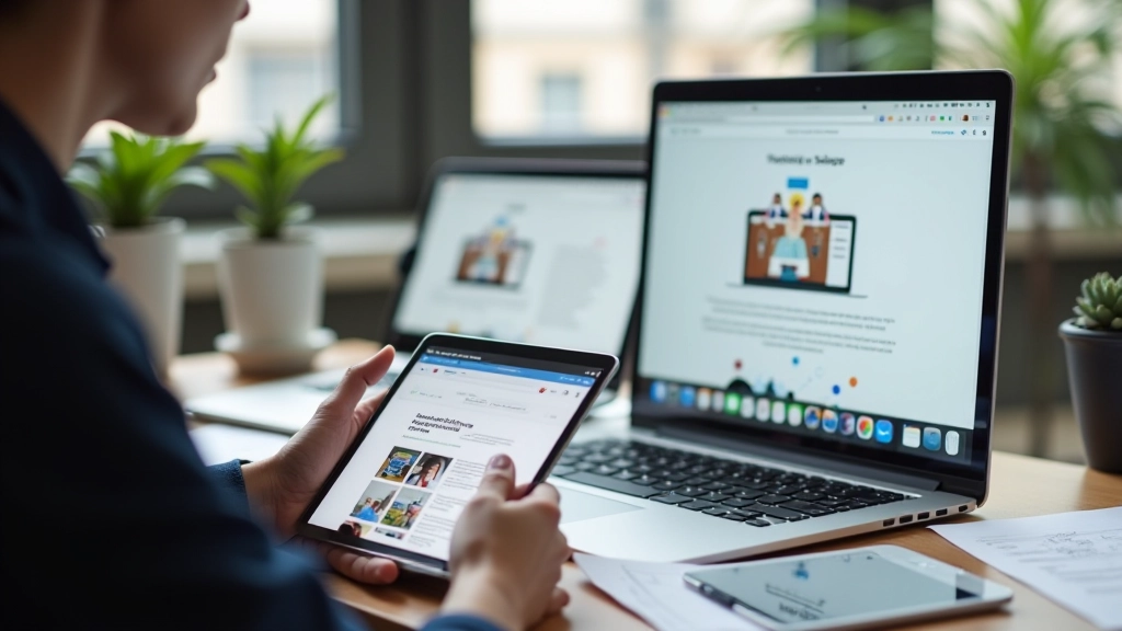 Designer testet Hero-Illustration auf verschiedenen Bildschirmgrößen und Geräten, um Responsive-Design zu überprüfen