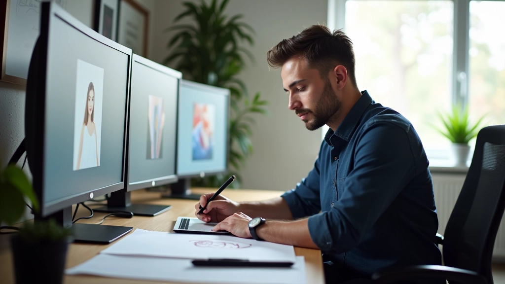Designer arbeitet an Illustrationen auf großem Monitor mit Tablet und Stift
