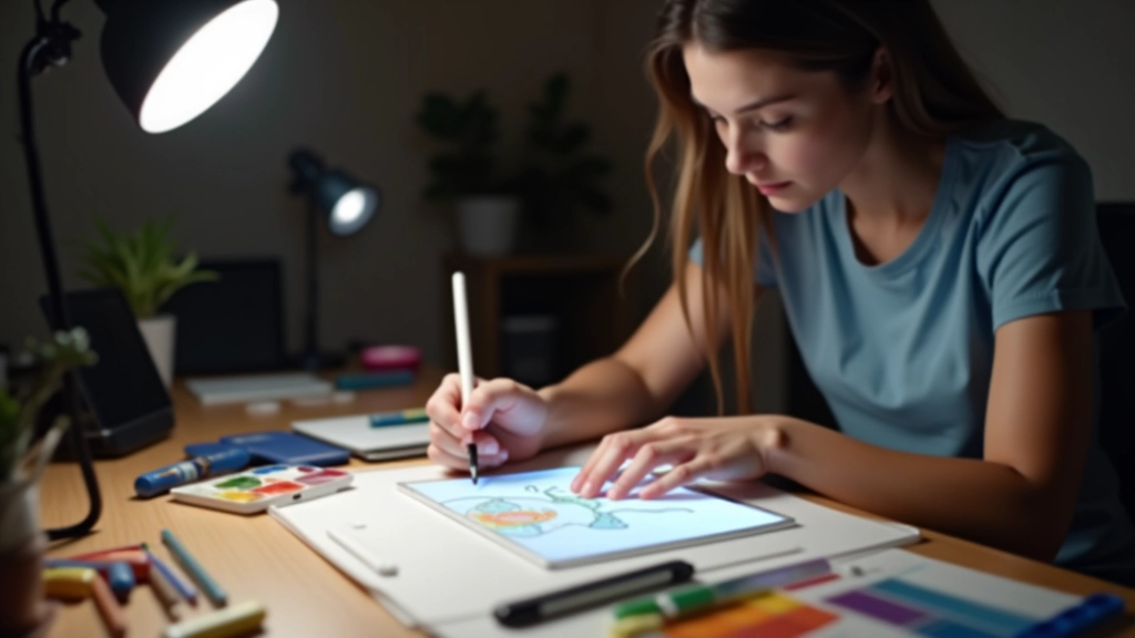 Designer arbeitet an digitalen Illustrationen auf Grafiktablett mit Stift und Farbpalette neben sich